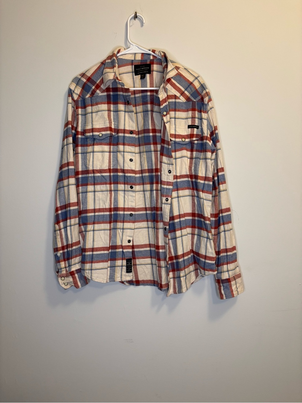 Lucky Brand Cream Plaid Shirt Jacket with Red & Blue Stripes
